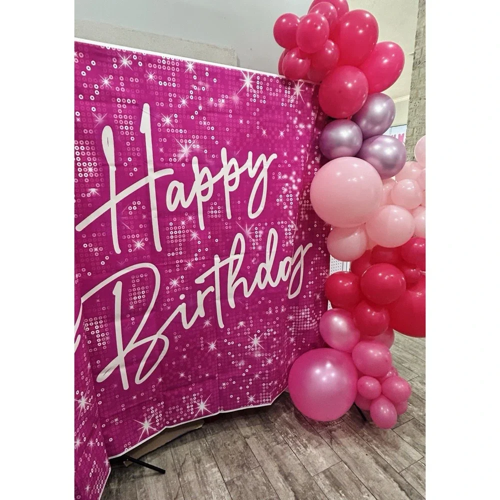 Pink Glitter 6ft x 8ft Happy Birthday Backdrop + Balloon Arch, Barbie Disco Glam